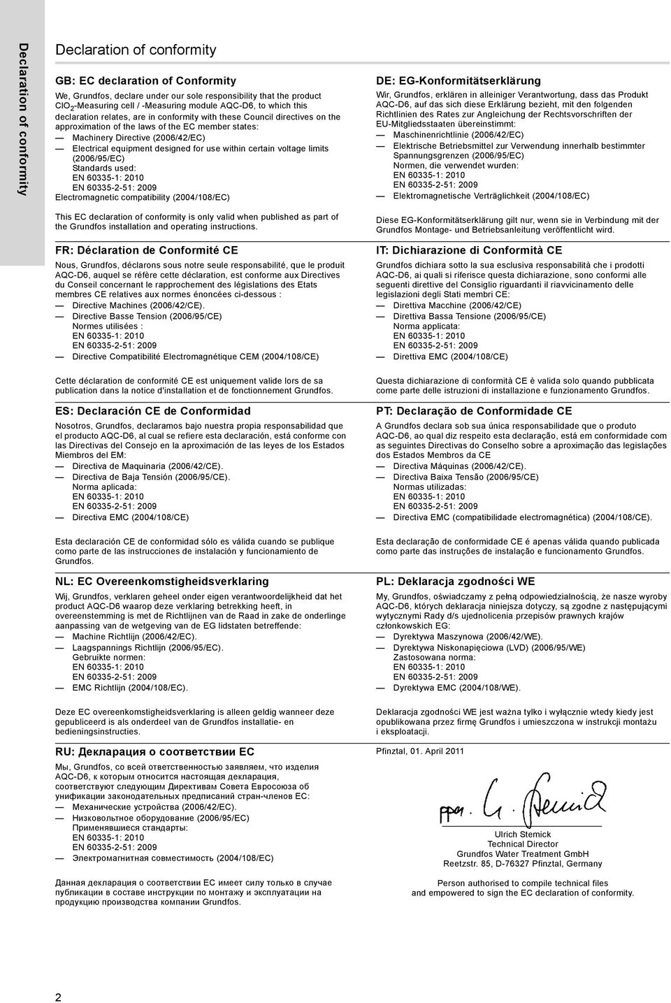 equipment designed for use within certain voltage limits (2006/95/EC) Standards used: EN 60335-1: 2010 EN 60335-2-51: 2009 Electromagnetic compatibility (2004/108/EC) DE: EG-Konformitätserklärung