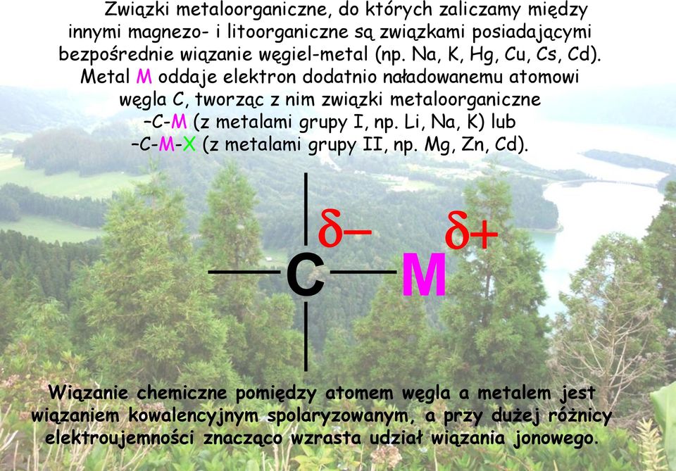 Metal M oddaje elektron dodatnio naładowanemu atomowi węgla, tworząc z nim związki metaloorganiczne -M (z metalami grupy I, np.