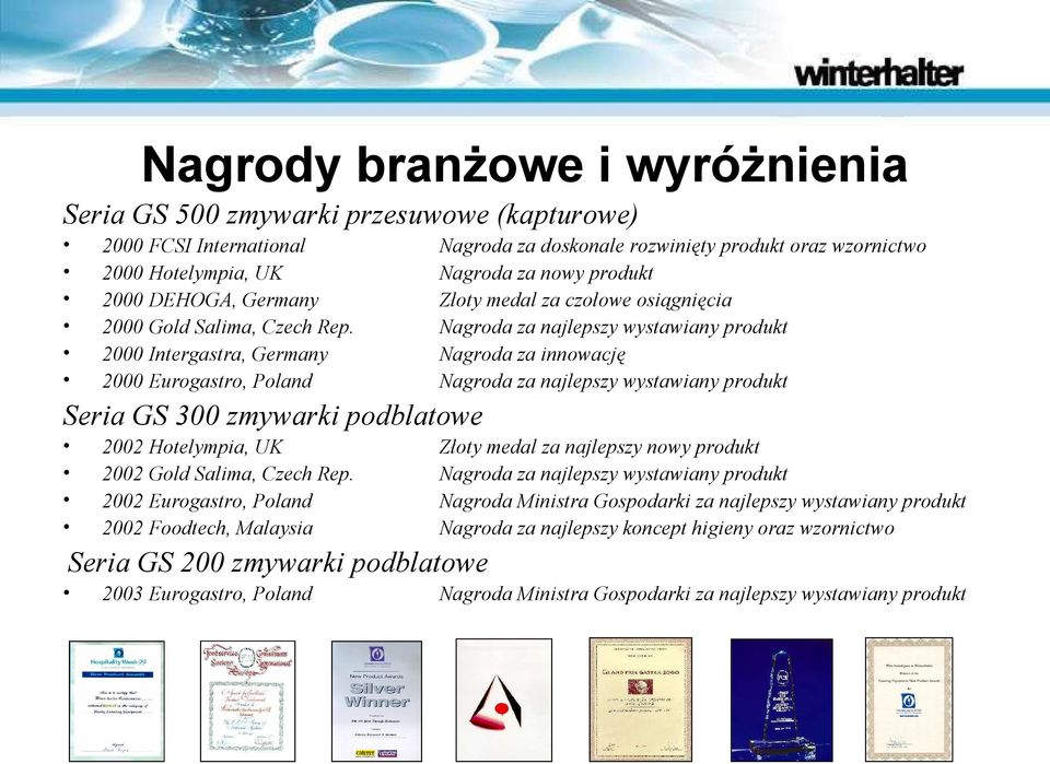 produkt Nagroda za innowację Nagroda za najlepszy wystawiany produkt Seria GS 300 zmywarki podblatowe 2002 Hotelympia, UK 2002 Gold Salima, Czech Rep.