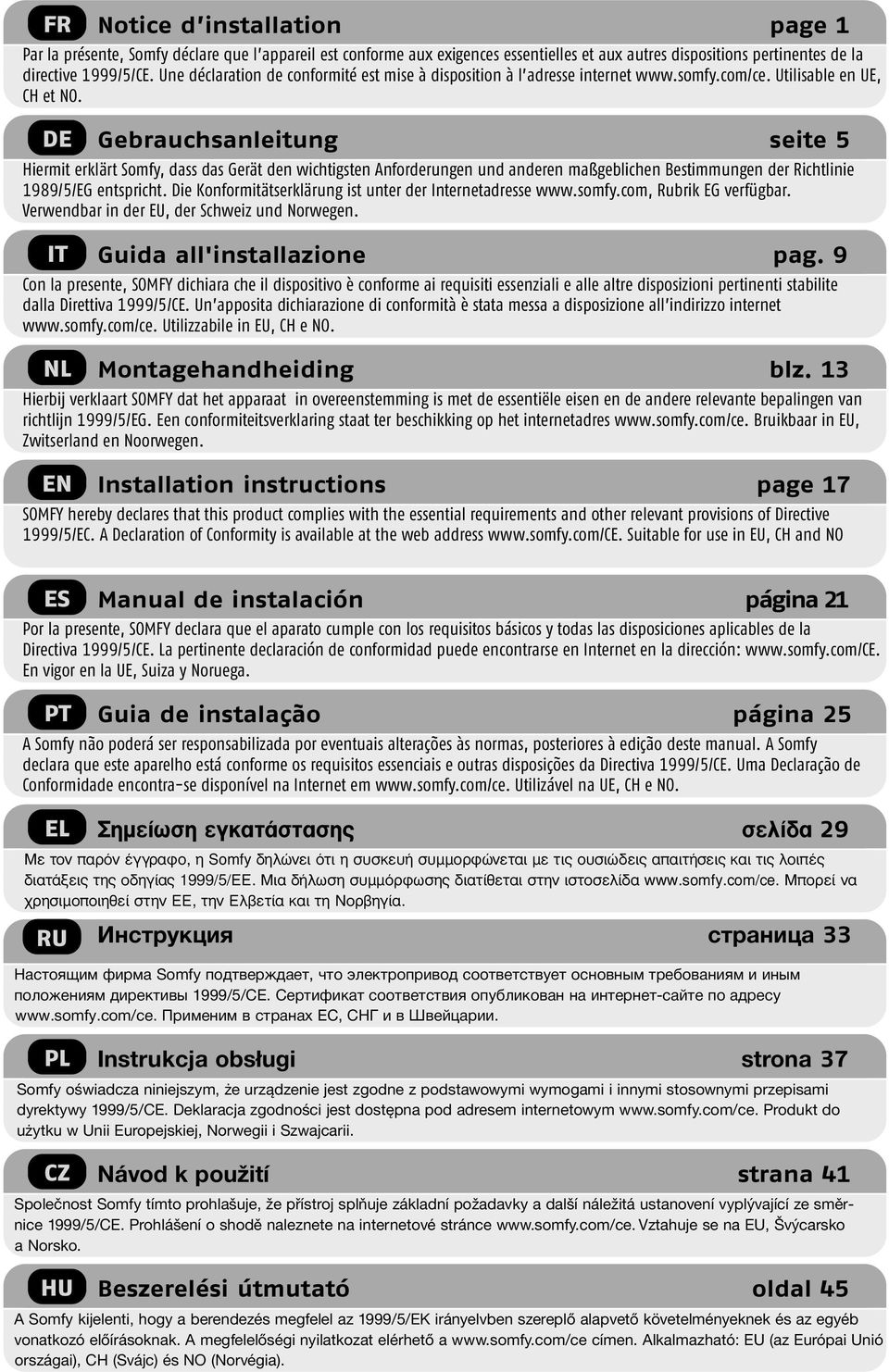 DE Geruchsnleitung seite 5 Hiermit erklärt Somfy, dss ds Gerät den wichtigsten Anforderungen und nderen mßgelichen Bestimmungen der Richtlinie 1989/5/EG entspricht.