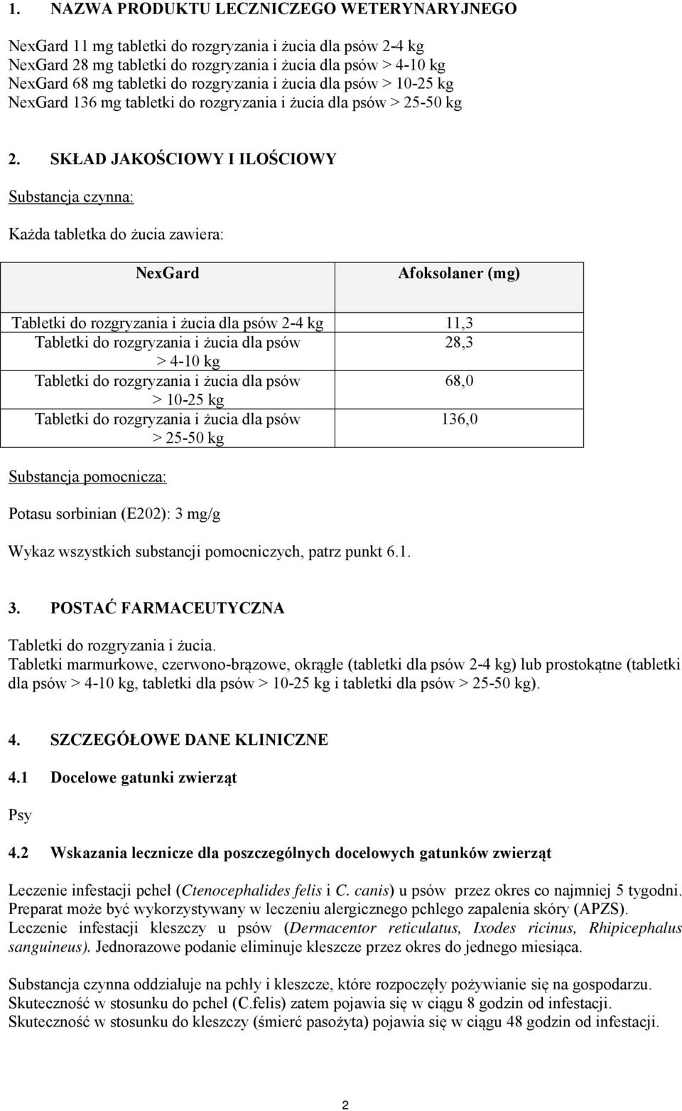 SKŁAD JAKOŚCIOWY I ILOŚCIOWY Substancja czynna: Każda tabletka do żucia zawiera: NexGard Afoksolaner (mg) Tabletki do rozgryzania i żucia dla psów 2-4 kg 11,3 Tabletki do rozgryzania i żucia dla psów