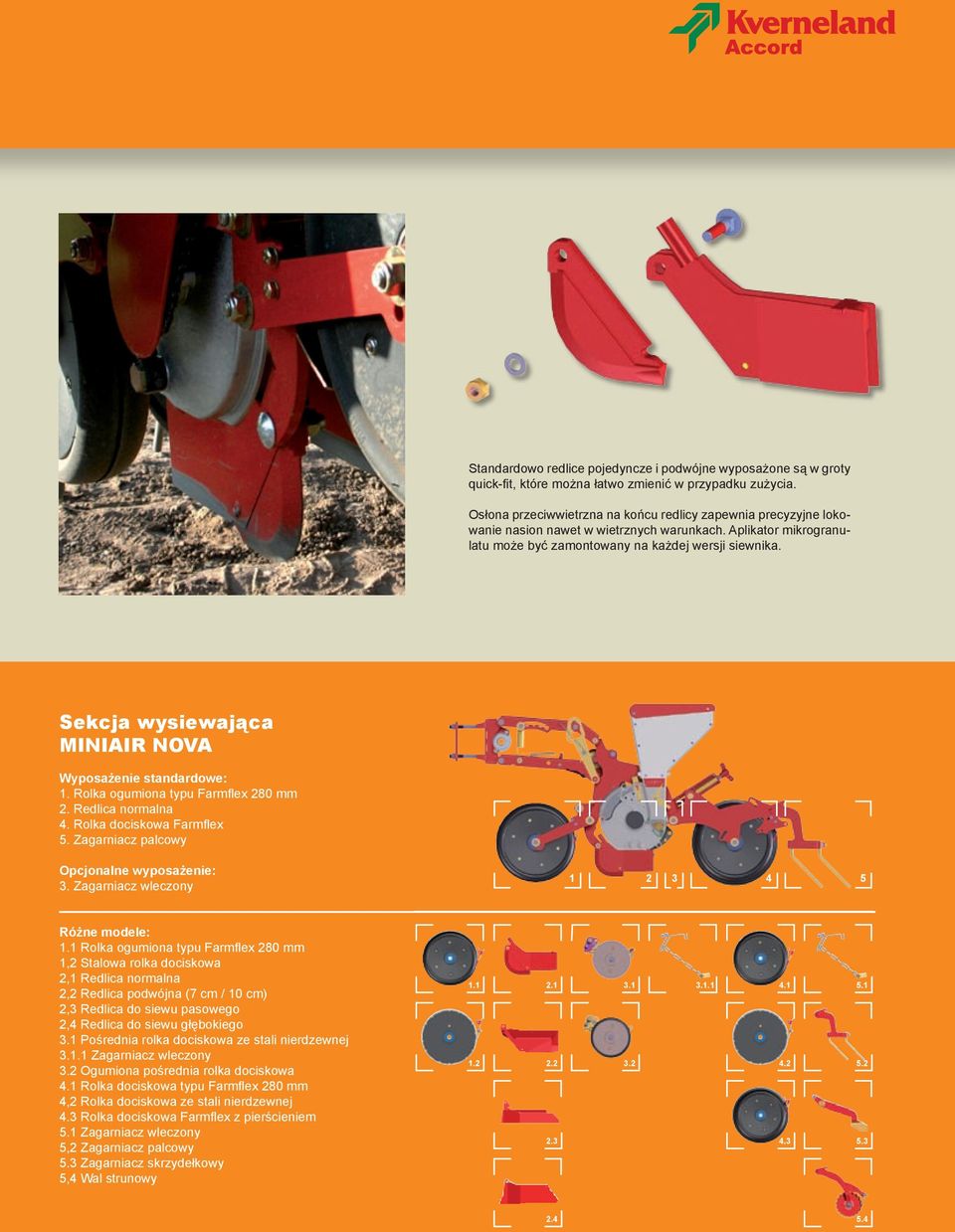 Sekcja wysiewająca MINIAIR NOVA Wyposażenie standardowe: 1. Rolka ogumiona typu Farmflex 280 mm 2. Redlica normalna 4. Rolka dociskowa Farmflex 5. Zagarniacz palcowy Opcjonalne wyposażenie: 3.