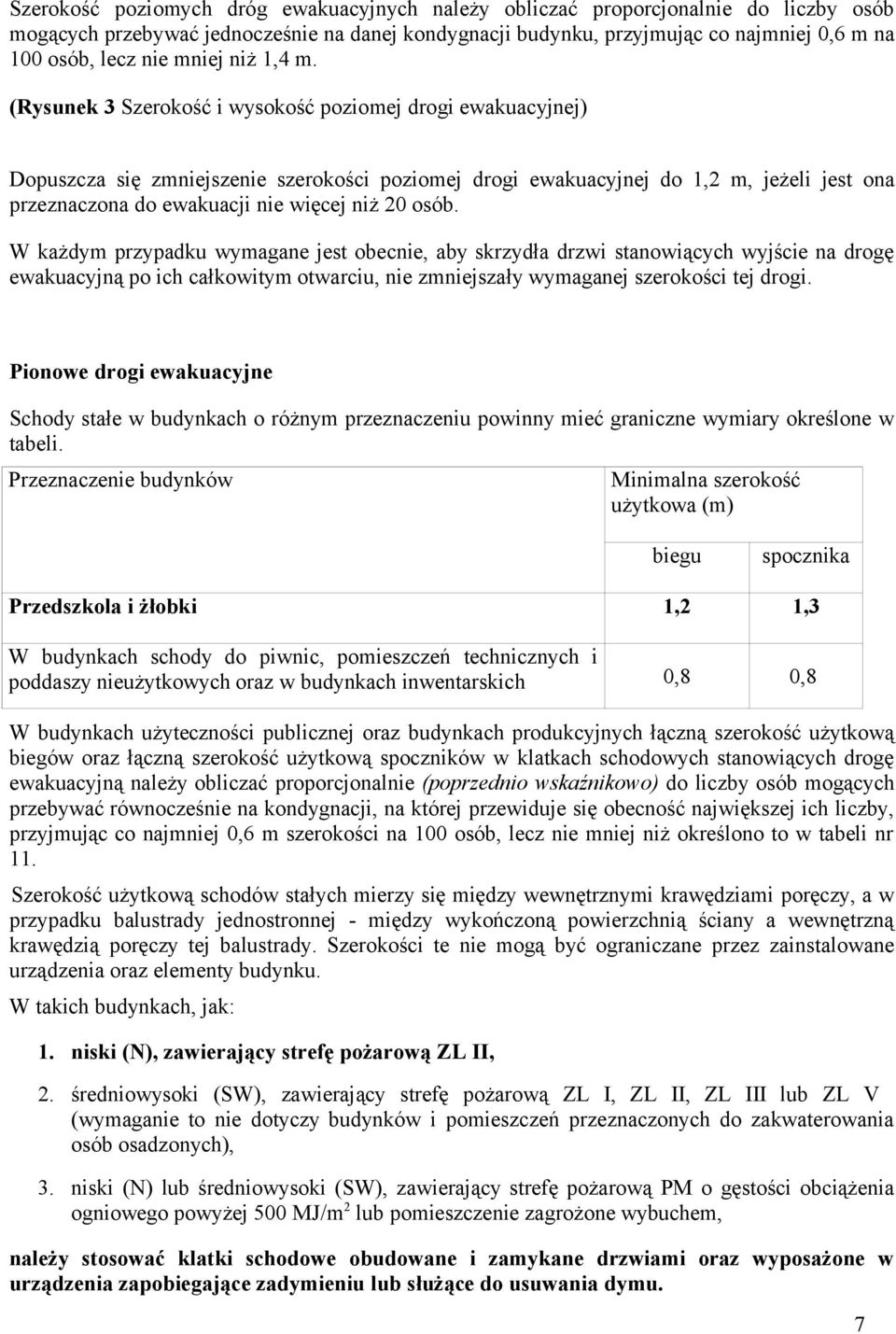 (Rysunek 3 Szerokość i wysokość poziomej drogi ewakuacyjnej) Dopuszcza się zmniejszenie szerokości poziomej drogi ewakuacyjnej do 1,2 m, jeżeli jest ona przeznaczona do ewakuacji nie więcej niż 20