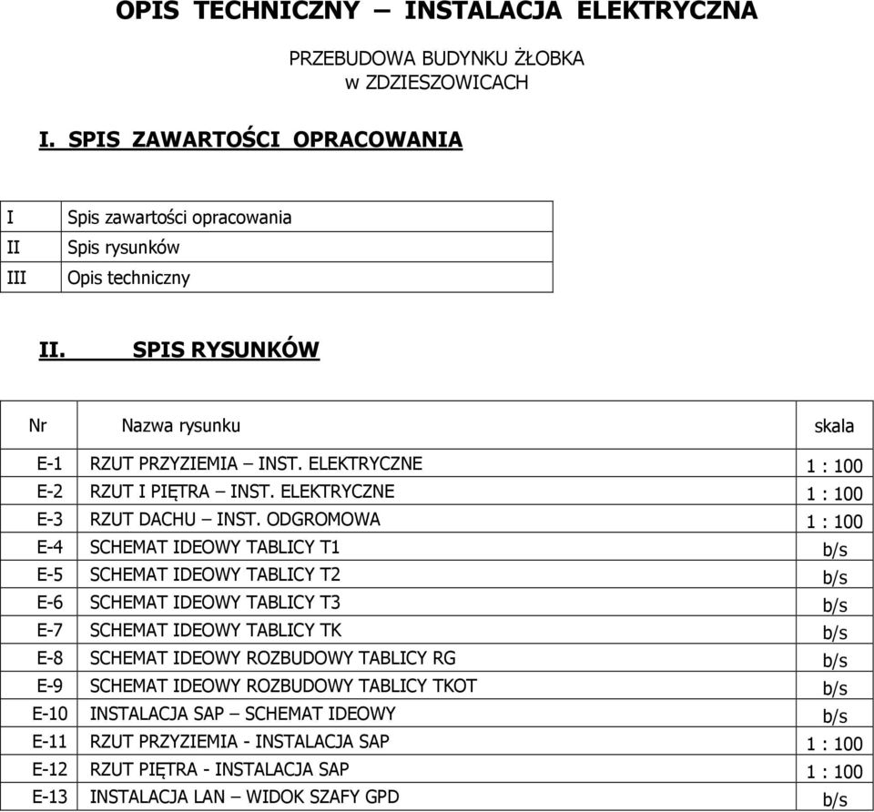 ODGROMOWA 1 : 100 E-4 SCHEMAT IDEOWY TABLICY T1 b/s E-5 SCHEMAT IDEOWY TABLICY T2 b/s E-6 SCHEMAT IDEOWY TABLICY T3 b/s E-7 SCHEMAT IDEOWY TABLICY TK b/s E-8 SCHEMAT IDEOWY ROZBUDOWY