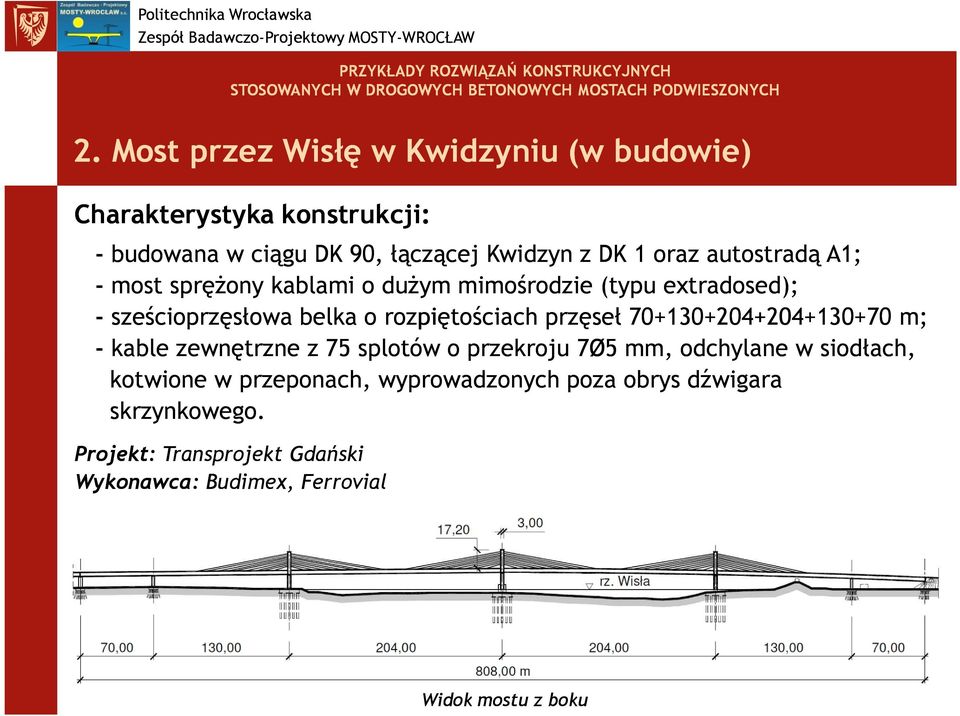 przęseł 70+130+204+204+130+70 m; - kable zewnętrzne z 75 splotów o przekroju 7Ø5 mm, odchylane w siodłach, kotwione w