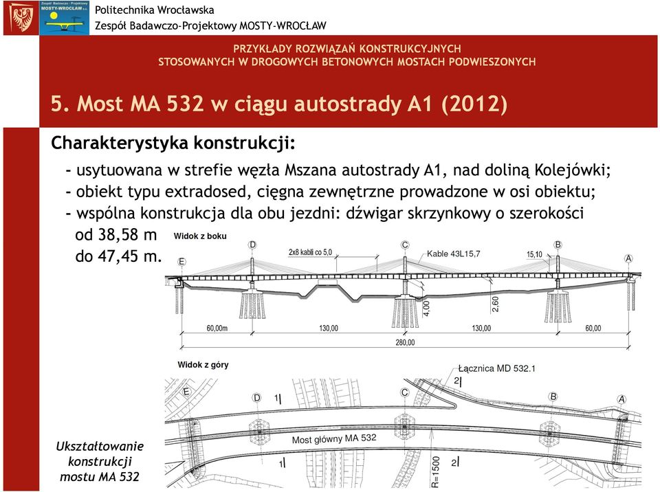 cięgna zewnętrzne prowadzone w osi obiektu; - wspólna konstrukcja dla obu jezdni: