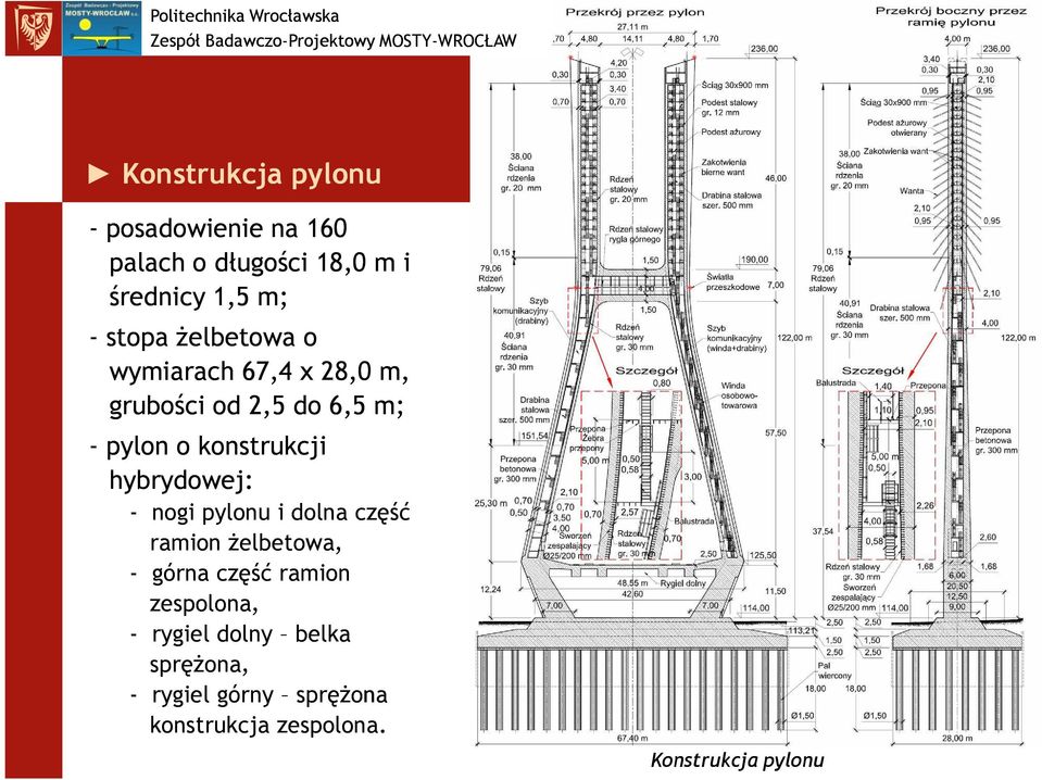 hybrydowej: - nogi pylonu i dolna część ramion żelbetowa, - górna część ramion zespolona,