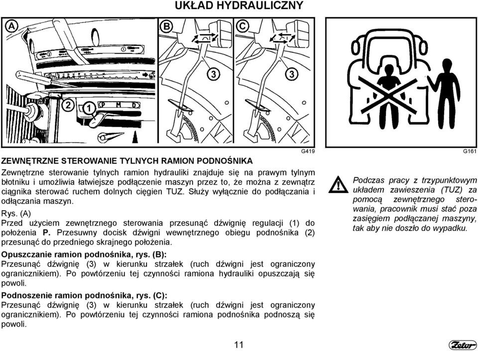 (A) Przed użyciem zewnętrznego sterowania przesunąć dźwignię regulacji (1) do położenia P. Przesuwny docisk dźwigni wewnętrznego obiegu podnośnika (2) przesunąć do przedniego skrajnego położenia.