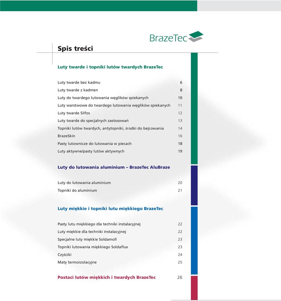 18 Luty aktywne/pasty lutów aktywnych 19 Luty do lutowania aluminium BrazeTec AluBraze Luty do lutowania aluminium 20 Topniki do aluminium 21 Luty miękkie i topniki lutu miękkiego BrazeTec Pasty lutu