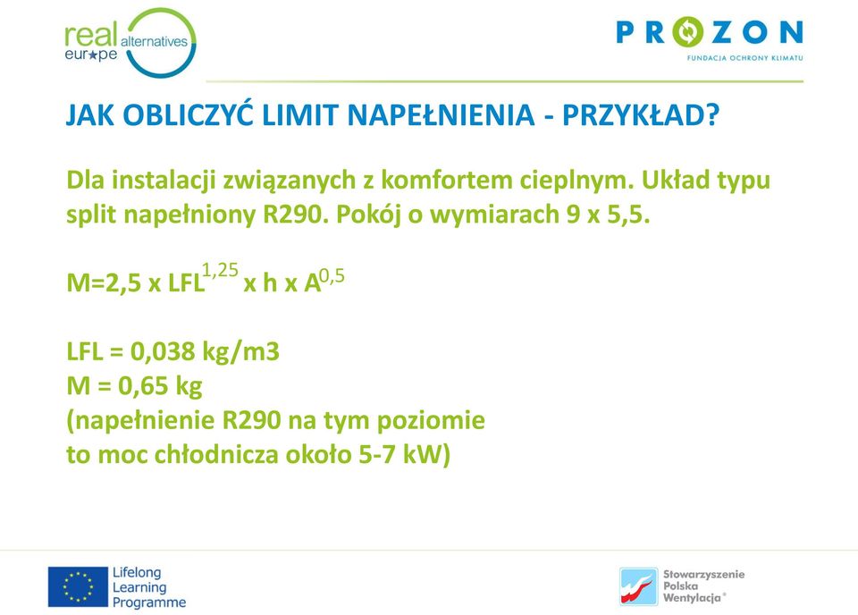 Układ typu split napełniony R290. Pokój o wymiarach 9 x 5,5.