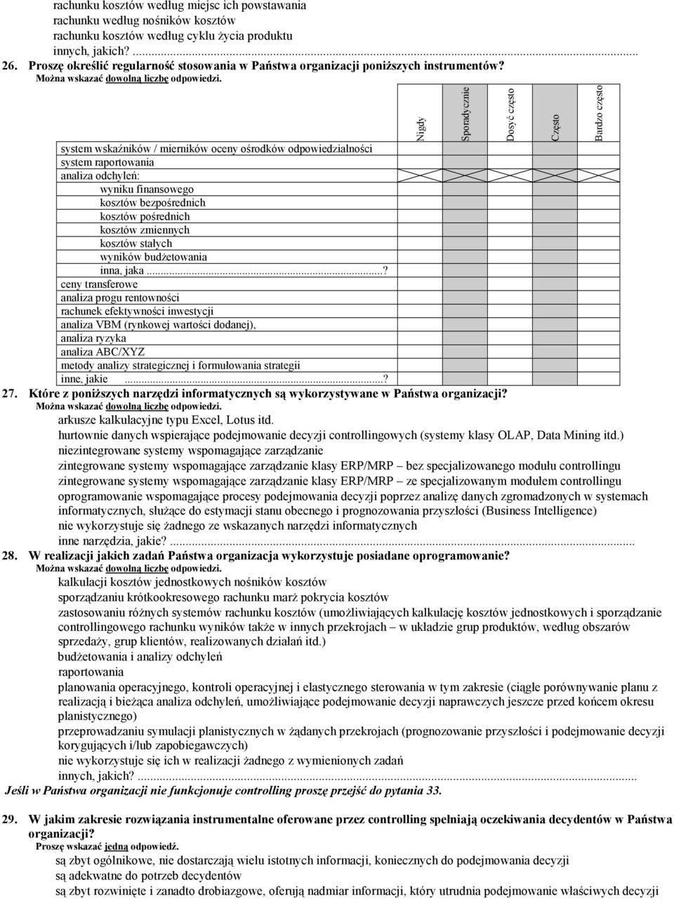 system wskaźników / mierników oceny ośrodków odpowiedzialności system raportowania analiza odchyleń: wyniku finansowego kosztów bezpośrednich kosztów pośrednich kosztów zmiennych kosztów stałych