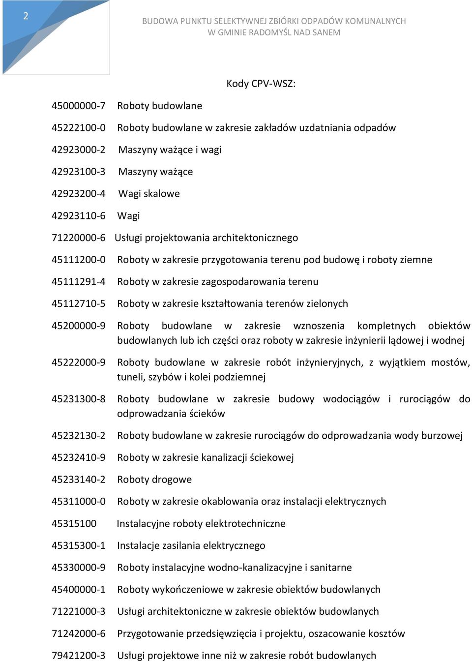 45111291-4 Roboty w zakresie zagospodarowania terenu 45112710-5 Roboty w zakresie kształtowania terenów zielonych 45200000-9 Roboty budowlane w zakresie wznoszenia kompletnych obiektów budowlanych