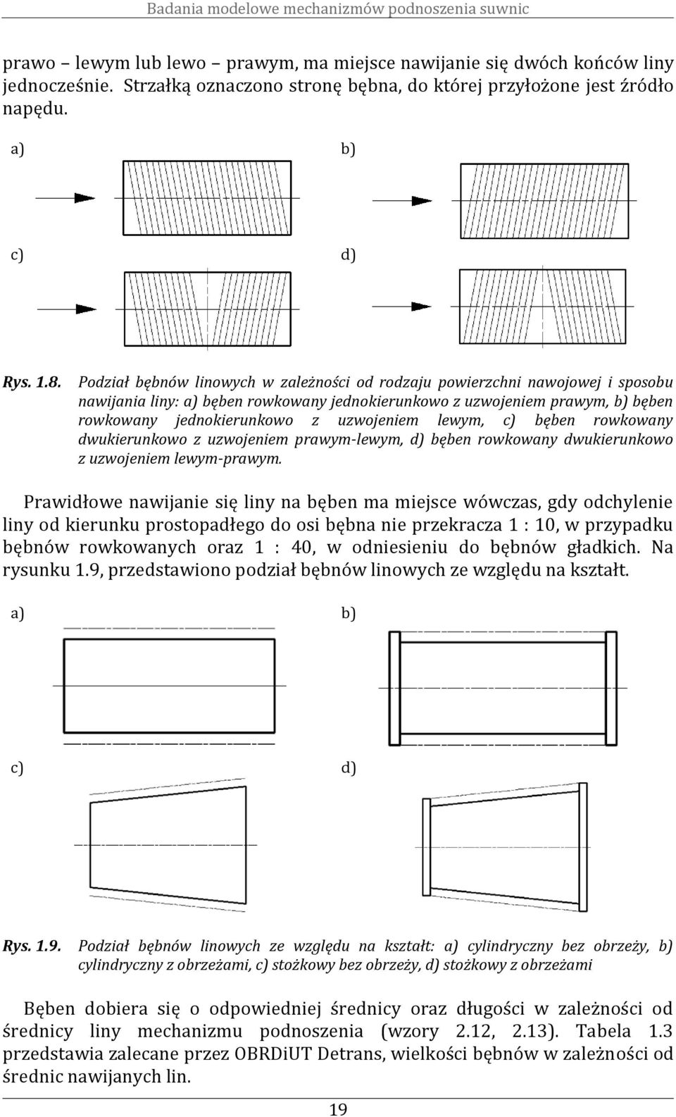 Podział bębnów linowych w zależności od rodzaju powierzchni nawojowej i sposobu nawijania liny: a) bęben rowkowany jednokierunkowo z uzwojeniem prawym, b) bęben rowkowany jednokierunkowo z uzwojeniem