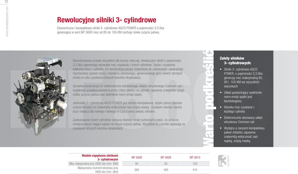 Warto podkreślić Zalety silników MF 5600 Skonstruowane przede wszystkim dla branży rolniczej, rewolucyjne silniki o pojemności 3,3 litra zapewniają niezwykła moc uzyskaną z trzech cylindrów.