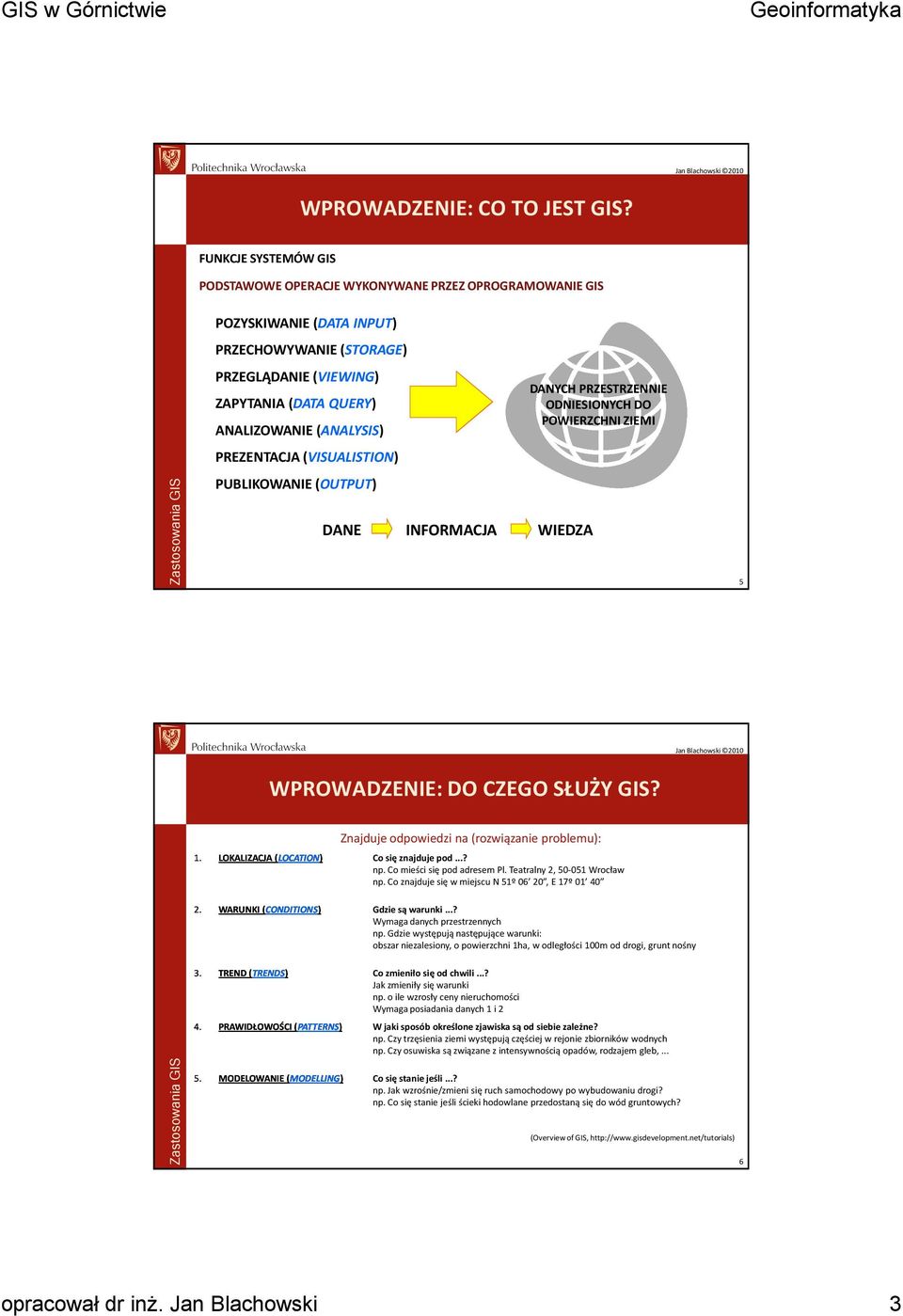 PREZENTACJA (VISUALISTION) PUBLIKOWANIE (OUTPUT) DANE INFORMACJA WIEDZA DANYCH PRZESTRZENNIE ODNIESIONYCH DO POWIERZCHNI ZIEMI 5 WPROWADZENIE: DO CZEGO SŁUŻY GIS?