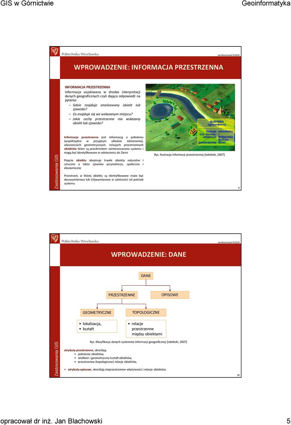 Informacja przestrzenna jest informacją o położeniu (współrzędne w przyjętym układzie odniesienia), własnościach geometrycznych, relacjach przestrzennych obiektów które są przedmiotem zainteresowania