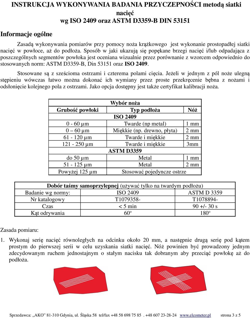 Sposób w jaki ukazują się popękane brzegi nacięć i/lub odpadająca z poszczególnych segmentów powłoka jest oceniana wizualnie przez porównanie z wzorcem odpowiednio do stosowanych norm: ASTM D3359-B,