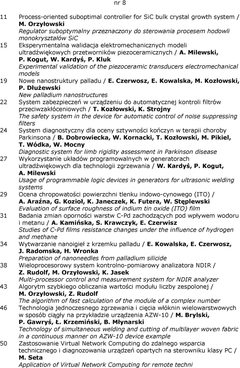 piezoceramicznych / A. Milewski, P. Kogut, W. Kardyś, P. Kluk Experimental validation of the piezoceramic transducers electromechanical models 19 Nowe nanostruktury palladu / E. Czerwosz, E.