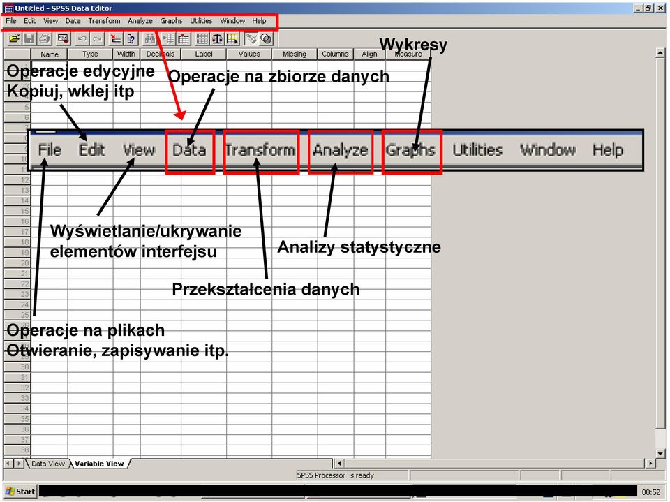 elementów interfejsu Analizy statystyczne Operacje