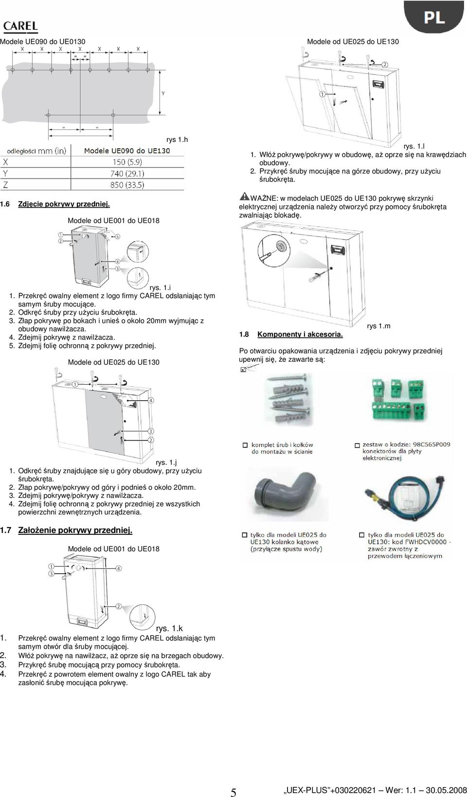 Modele od UE001 do UE018 WAŻNE: w modelach UE025 do UE130 pokrywę skrzynki elektrycznej urządzenia należy otworzyć przy pomocy śrubokręta zwalniając blokadę. rys. 1.i 1.