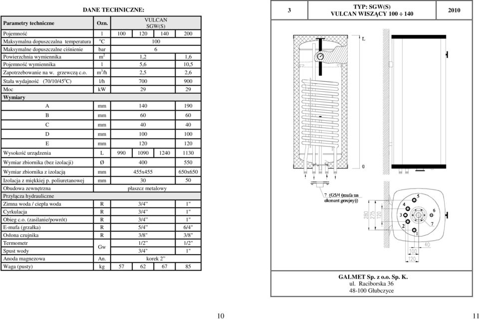 Zapotrzebowanie na w. grzewczą c.o. m 3 /h 2,5 2,6 Stała wydajność (70/10/45 o C) l/h 700 900 Moc kw 29 29 Wymiary A mm 140 190 3 TYP: SGW(S) VULCAN WISZĄCY 100 140 2010 B mm 60 60 C mm 40 40 D mm