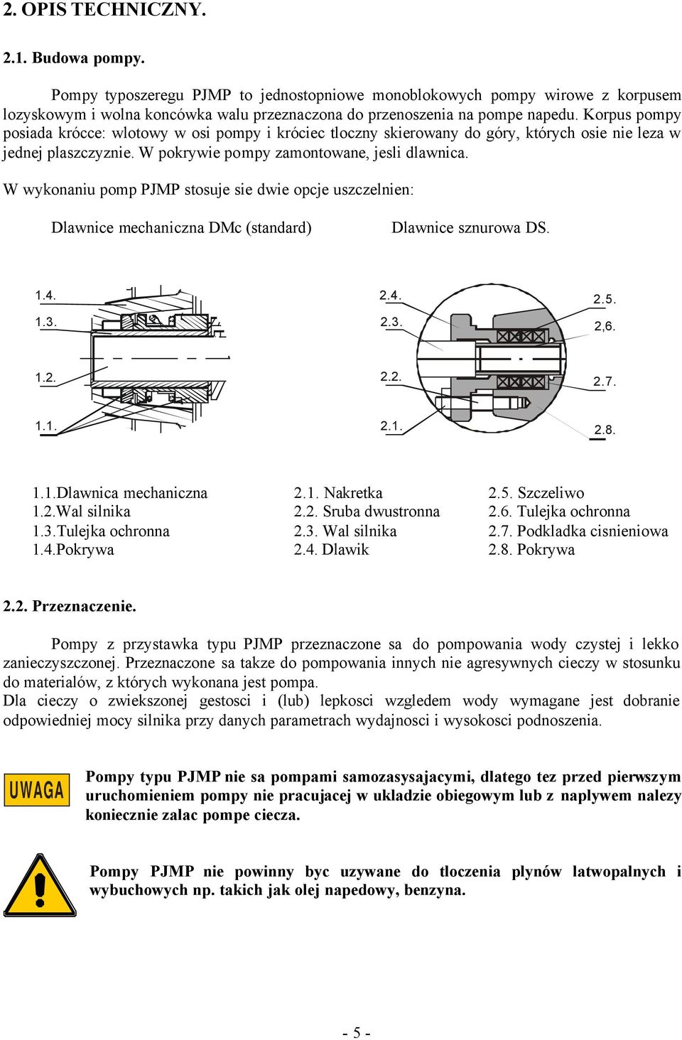 W wykonaniu pomp PJMP stosuje sie dwie opcje uszczelnien: Dlawnice mechaniczna DMc (standard) Dlawnice sznurowa DS. 1.4. 1.3. 2.4. 2.3. 2.5. 2,6. 1.2. 2.2. 2.7. 1.1. 2.1. 2.8. 1.1.Dlawnica mechaniczna 2.