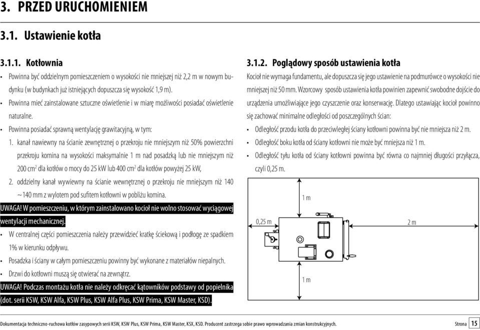 kanał nawiewny na ścianie zewnętrznej o przekroju nie mniejszym niż 50% powierzchni przekroju komina na wysokości maksymalnie 1 m nad posadzką lub nie mniejszym niż 200 cm 2 dla kotłów o mocy do 25