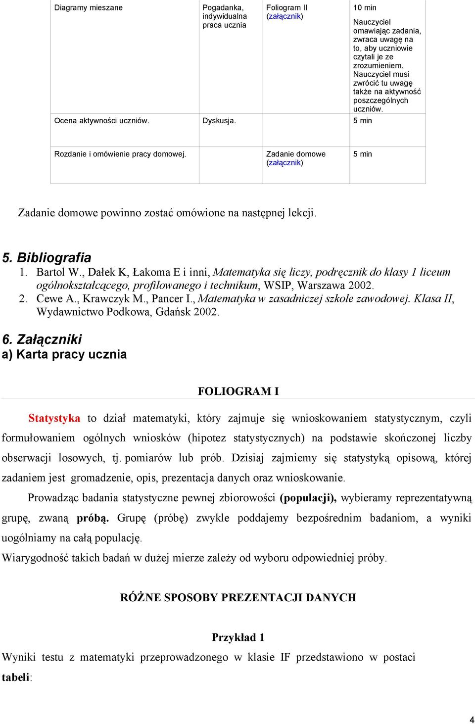 Rozdanie i omówienie pracy domowej. Zadanie domowe (załącznik) 5 min Zadanie domowe powinno zostać omówione na następnej lekcji. 5. Bibliografia 1. Bartol W.