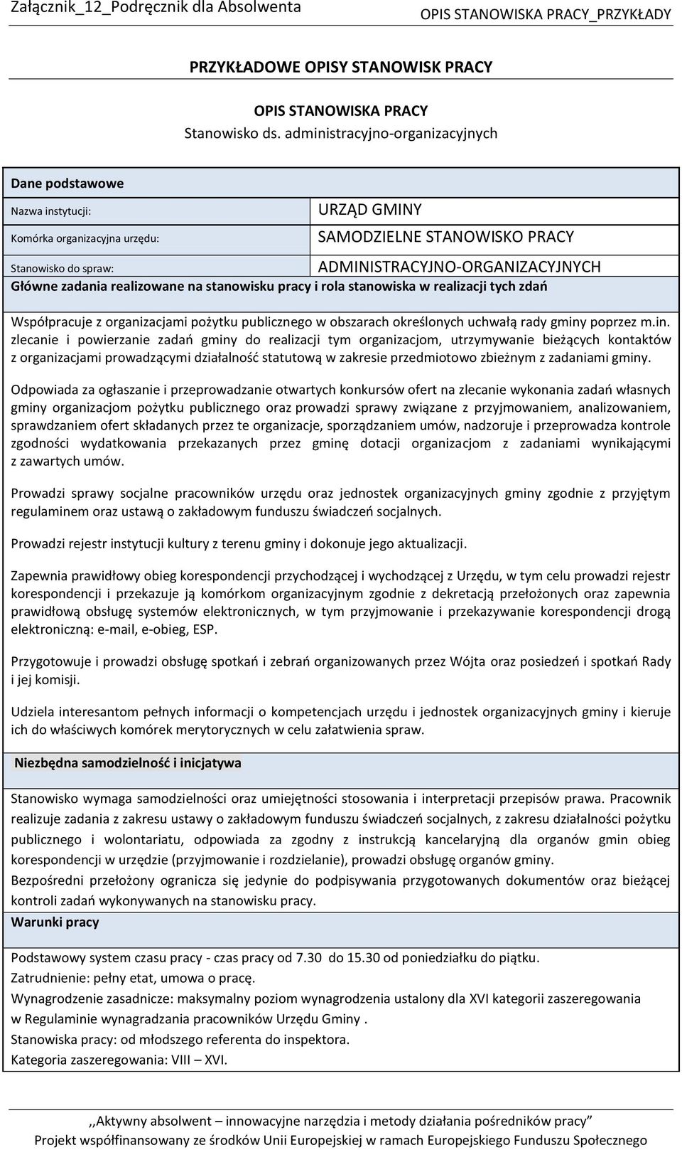 zadania realizowane na stanowisku pracy i rola stanowiska w realizacji tych zdań Współpracuje z organizacjami pożytku publicznego w obszarach określonych uchwałą rady gminy