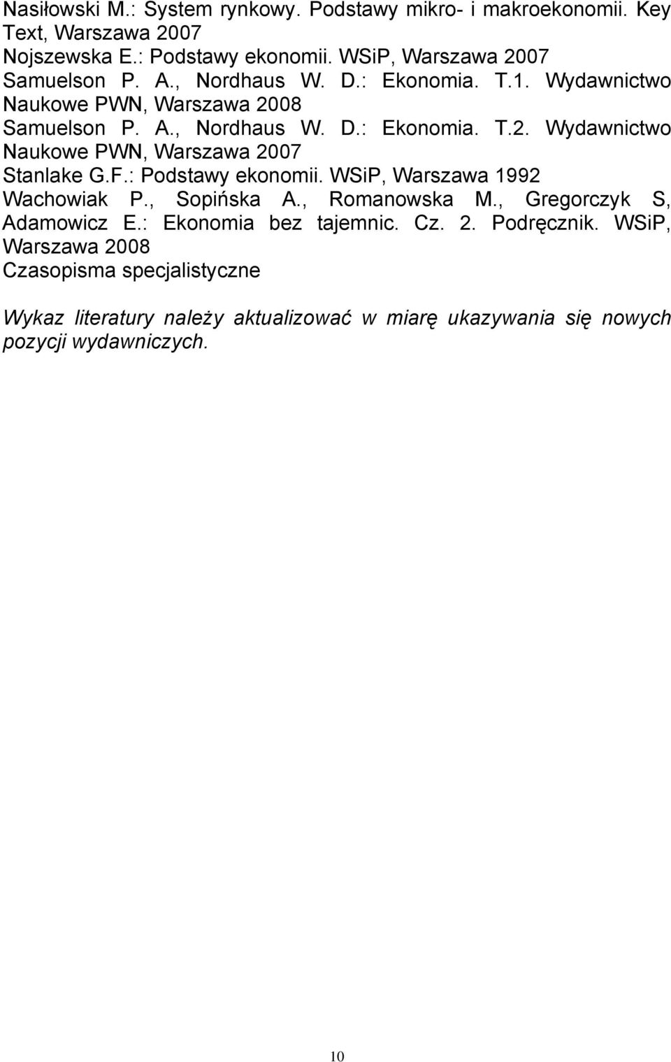 F.: Podstawy ekonomii. WSiP, Warszawa 1992 Wachowiak P., Sopińska A., Romanowska M., Gregorczyk S, Adamowicz E.: Ekonomia bez tajemnic. Cz. 2. Podręcznik.