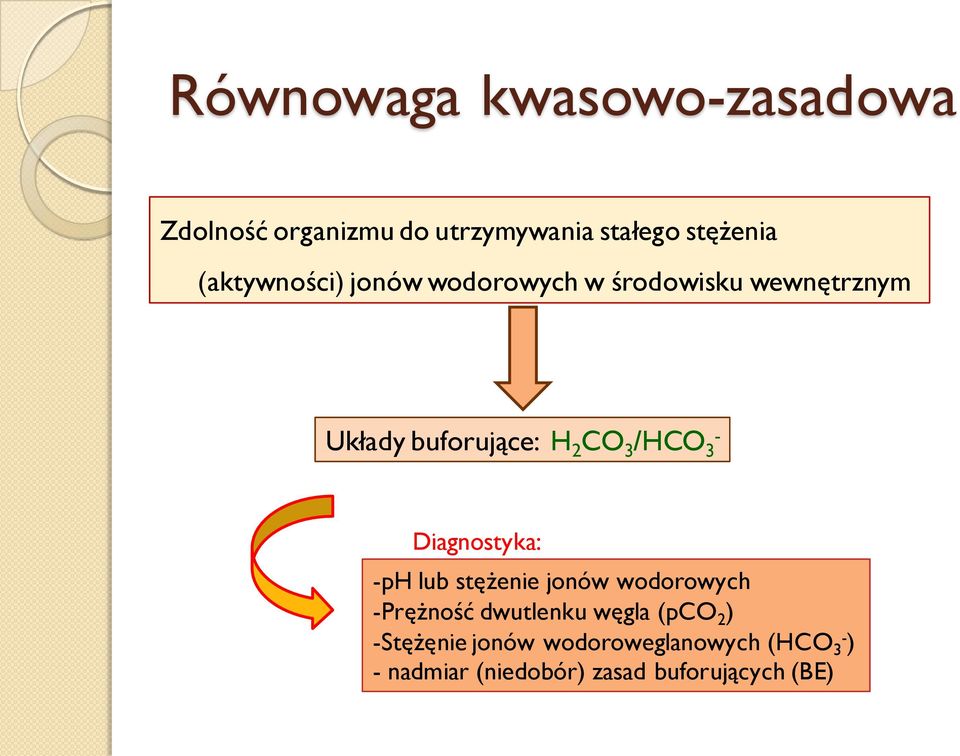 /HCO 3 - Diagnostyka: -ph lub stężenie jonów wodorowych -Prężność dwutlenku węgla