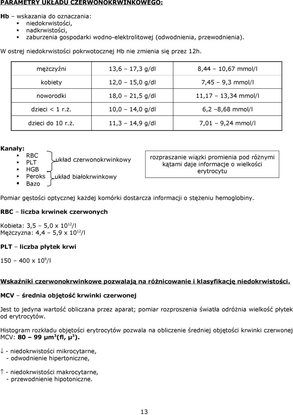 mężczyźni 13,6 17,3 g/dl 8,44 10,67 mmol/l kobiety 12,0 15,0 g/dl 7,45 9,3 mmol/l noworodki 18,0 21,5 g/dl 11,17 13,34 mmol/l dzieci < 1 r.ż. 10,0 14,0 g/dl 6,2 8,68 mmol/l dzieci do 10 r.ż. 11,3