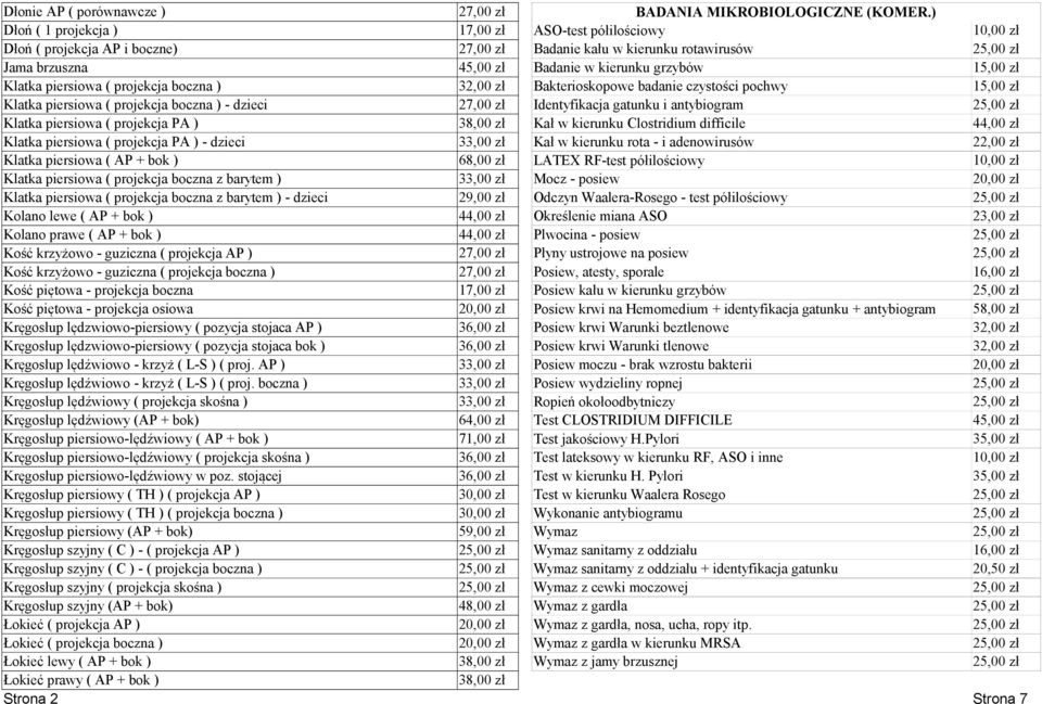 ( projekcja boczna ) 32,00 zł Bakterioskopowe badanie czystości pochwy 15,00 zł Klatka piersiowa ( projekcja boczna ) - dzieci 2 Identyfikacja gatunku i antybiogram Klatka piersiowa ( projekcja PA )