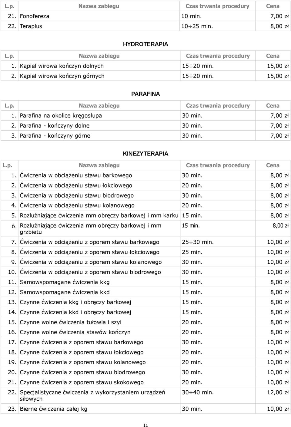 7,00 zł 2. Parafina - kończyny dolne 30 min. 7,00 zł 3. Parafina - kończyny górne 30 min. 7,00 zł KINEZYTERAPIA L.p. Nazwa zabiegu Czas trwania procedury Cena 1.