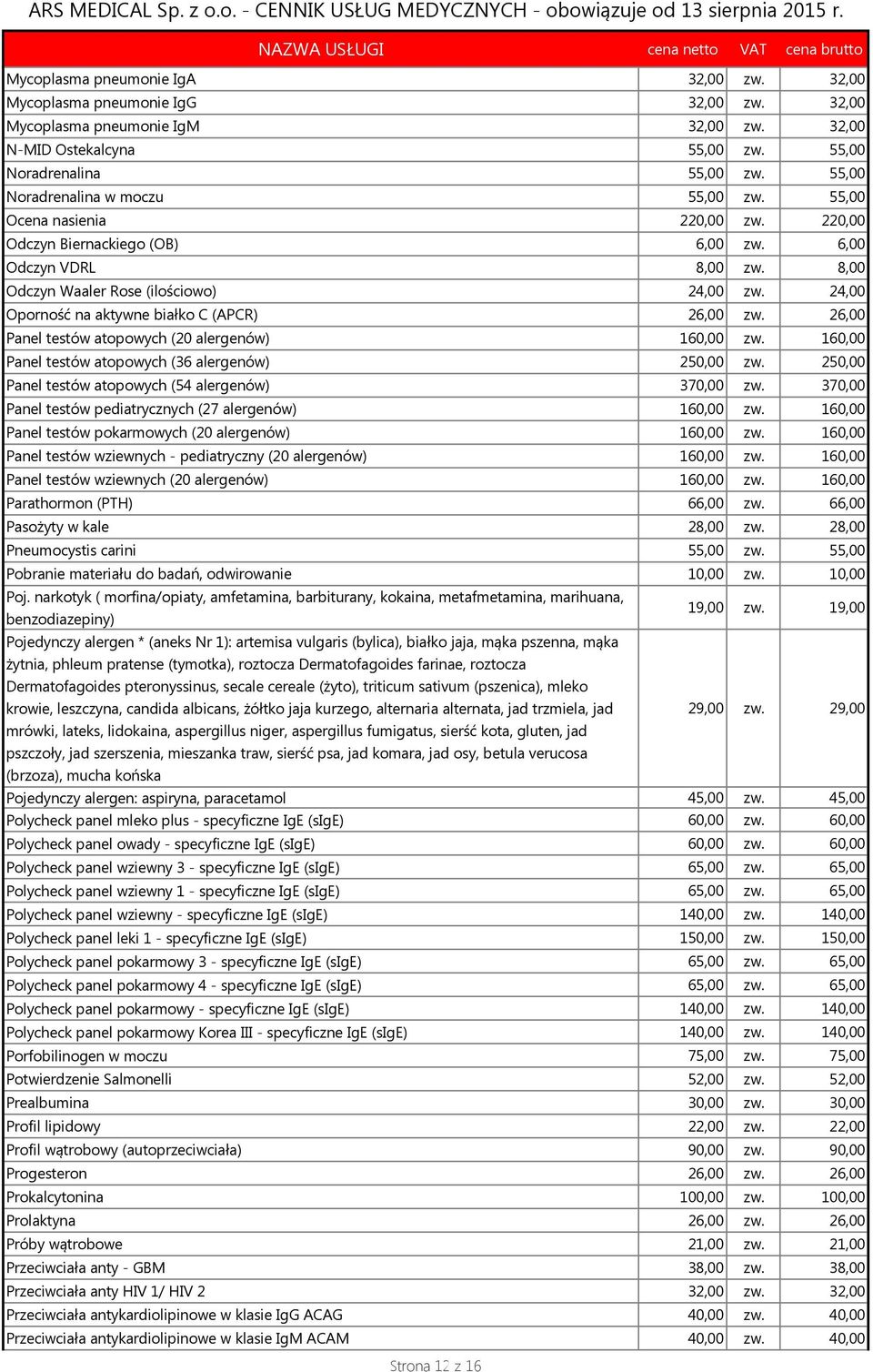 24,00 Oporność na aktywne białko C (APCR) 26,00 zw. 26,00 Panel testów atopowych (20 alergenów) 160,00 zw. 160,00 Panel testów atopowych (36 alergenów) 250,00 zw.