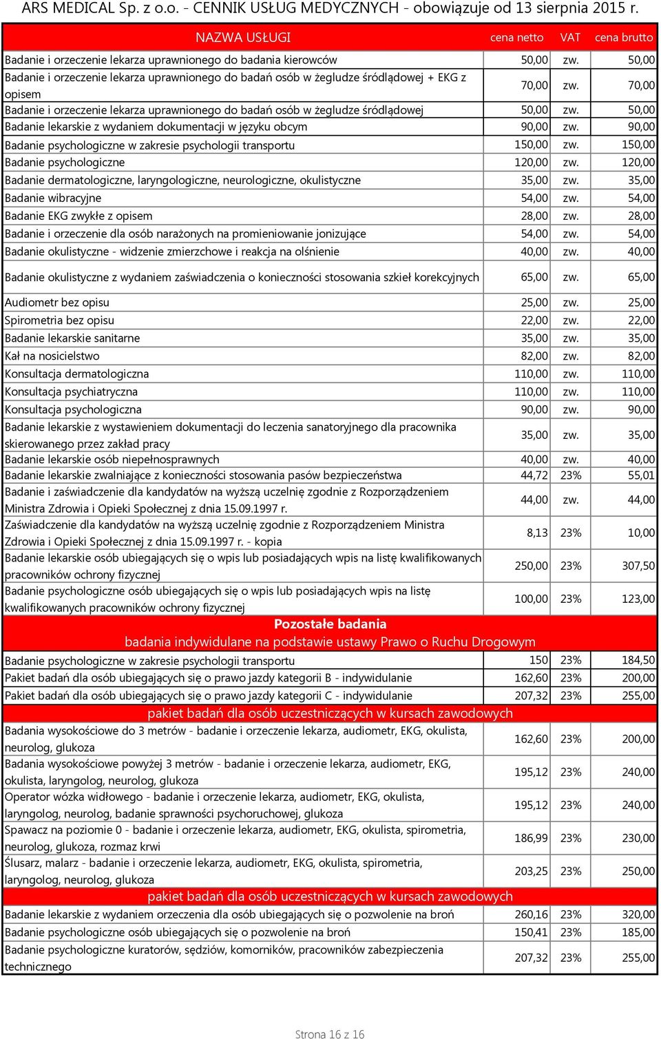 90,00 Badanie psychologiczne w zakresie psychologii transportu 150,00 zw. 150,00 Badanie psychologiczne 120,00 zw.