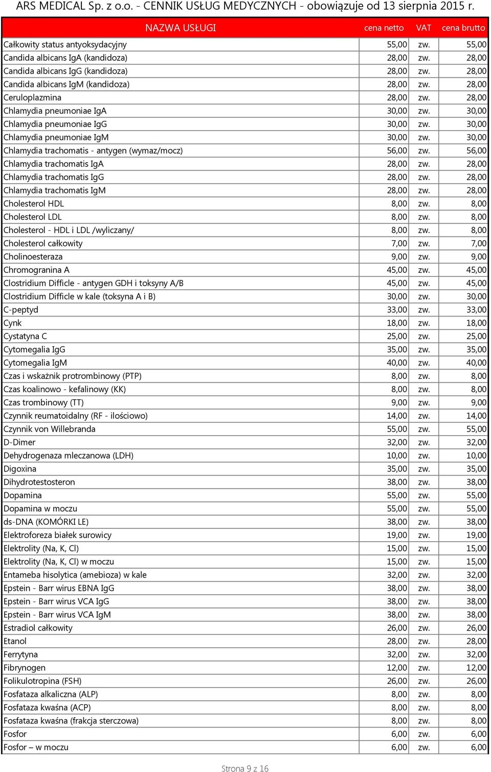 30,00 Chlamydia trachomatis - antygen (wymaz/mocz) 56,00 zw. 56,00 Chlamydia trachomatis IgA 28,00 zw. 28,00 Chlamydia trachomatis IgG 28,00 zw. 28,00 Chlamydia trachomatis IgM 28,00 zw.