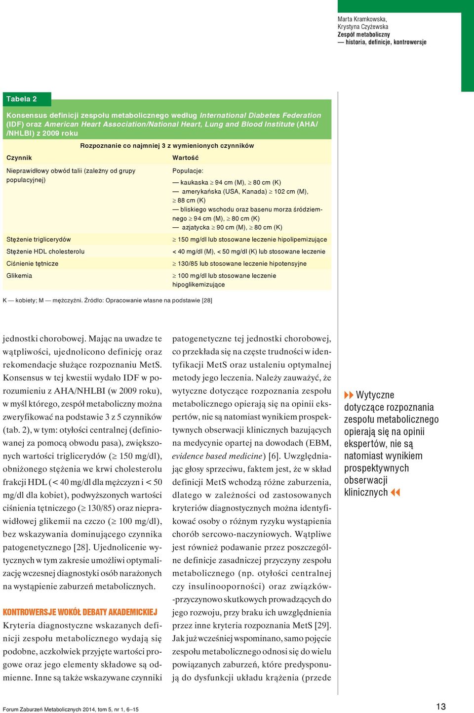 Stężenie triglicerydów Stężenie HDL cholesterolu Ciśnienie tętnicze Glikemia Wartość Populacje: kaukaska 94 cm (M), 80 cm (K) amerykańska (USA, Kanada) 102 cm (M), 88 cm (K) bliskiego wschodu oraz