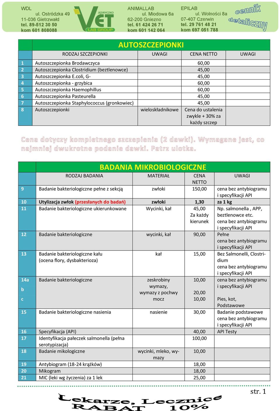 wieloskładnikowe Cena do ustalenia zwykle + 30% za każdy szczep BADANIA MIKROBIOLOGICZNE 9 Badanie akteriologiczne pełne z sekcją zwłoki 150,00 cena ez antyiogramu 10 Utylizacja zwłok (przesłanych do