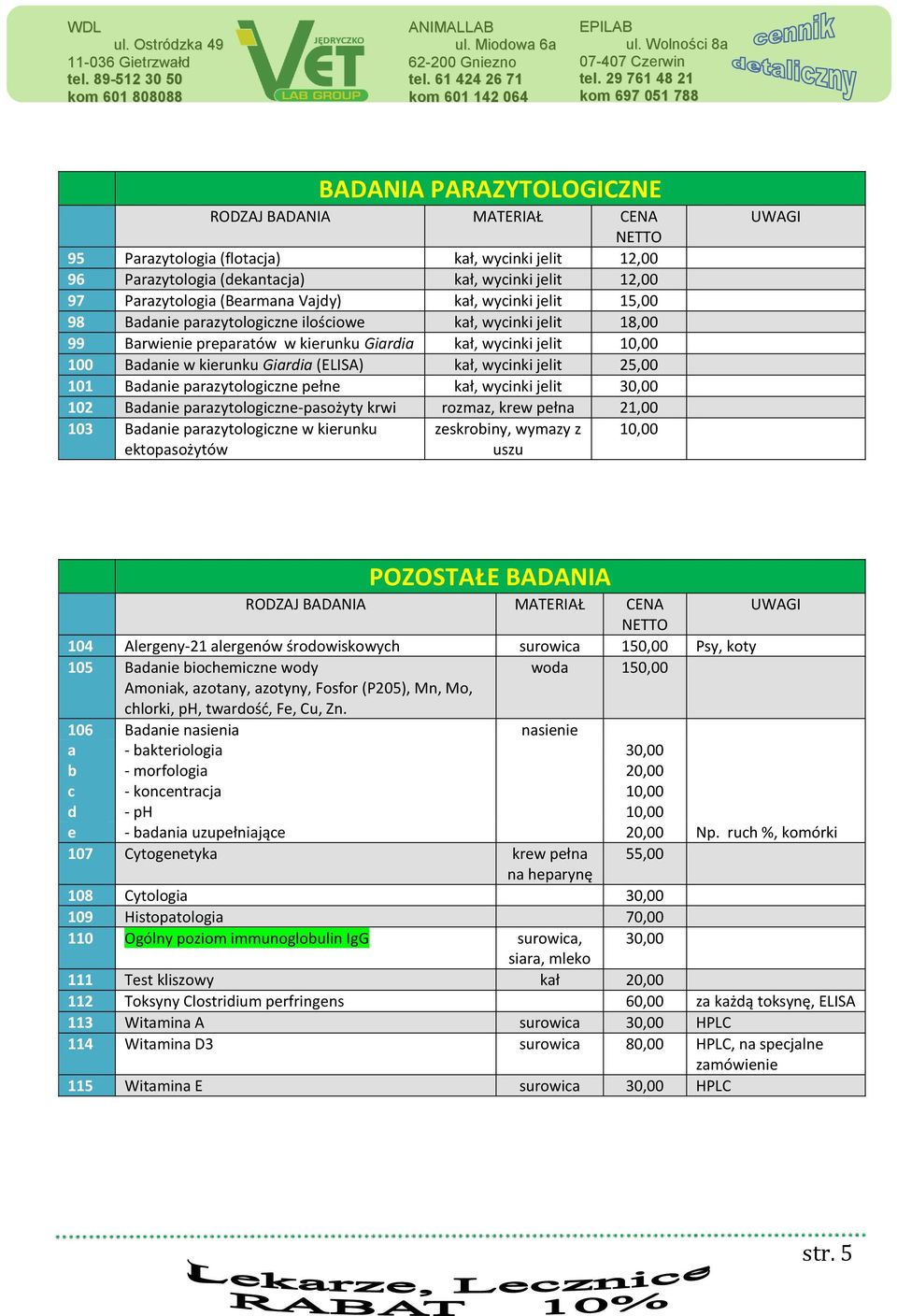 parazytologiczne pełne kał, wycinki jelit 30,00 102 Badanie parazytologiczne-pasożyty krwi rozmaz, krew pełna 21,00 103 Badanie parazytologiczne w kierunku ektopasożytów zeskroiny, wymazy z uszu