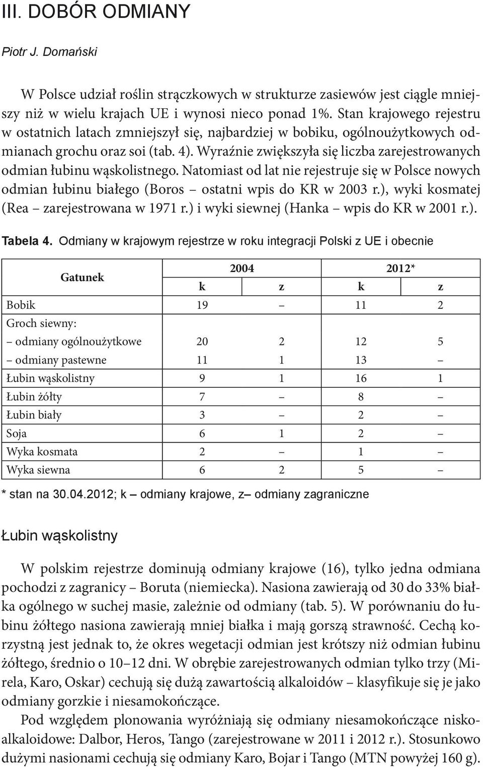 Wyraźnie zwiększyła się liczba zarejestrowanych odmian łubinu wąskolistnego. Natomiast od lat nie rejestruje się w Polsce nowych odmian łubinu białego (Boros ostatni wpis do KR w 2003 r.