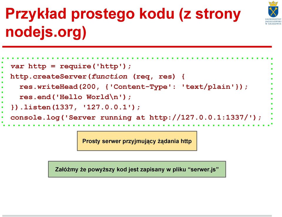 end('hello World\n'); ).listen(1337, '127.0.0.1'); console.log('server running at http://127.