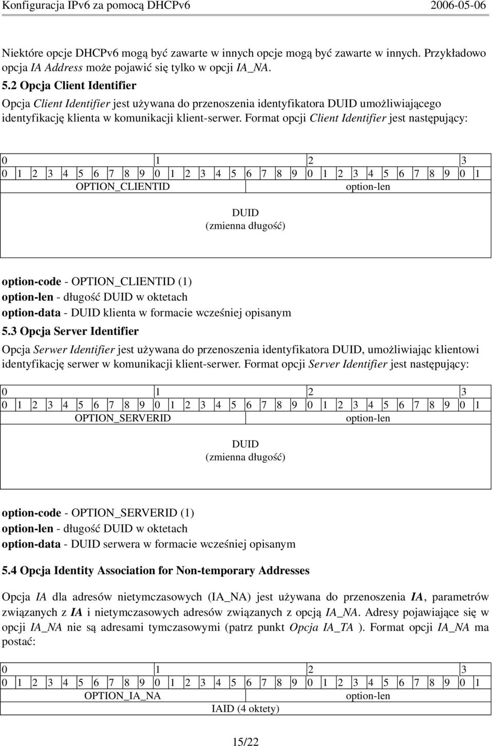 Format opcji Client Identifier jest następujący: 4 5 6 7 8 9 4 5 6 7 8 9 4 5 6 7 8 9 0 1 OPTION_CLIENTID option len DUID (zmienna długość) option code OPTION_CLIENTID (1) option len długość DUID w