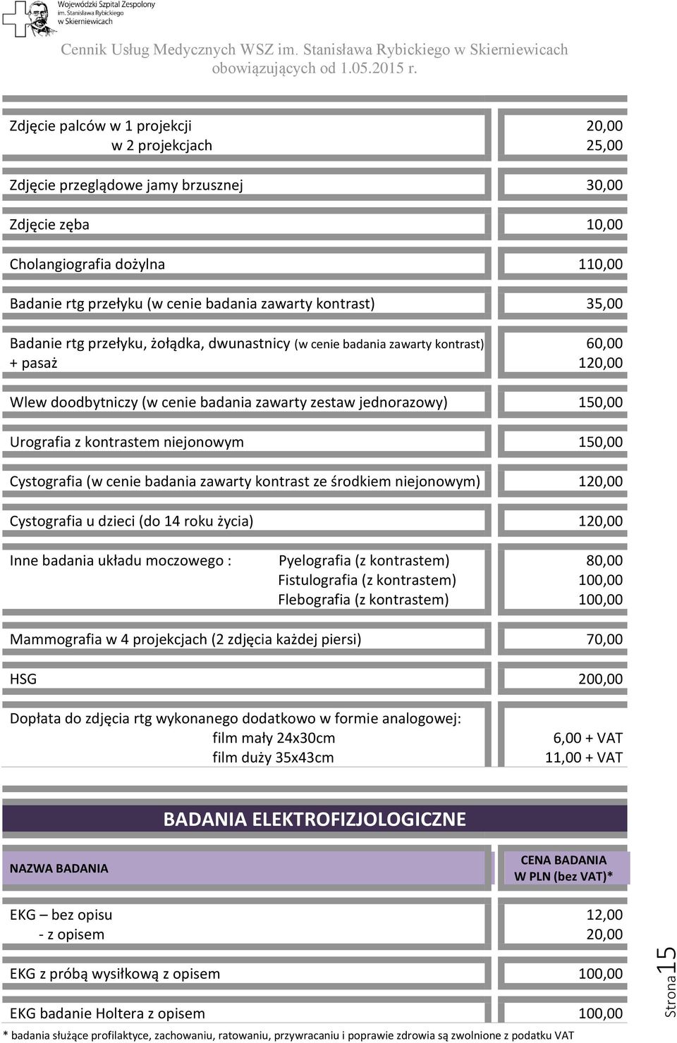 Cystografia (w cenie badania zawarty kontrast ze środkiem niejonowym) 120,00 Cystografia u dzieci (do 14 roku życia) 120,00 Inne badania układu moczowego : Pyelografia (z kontrastem) Fistulografia (z