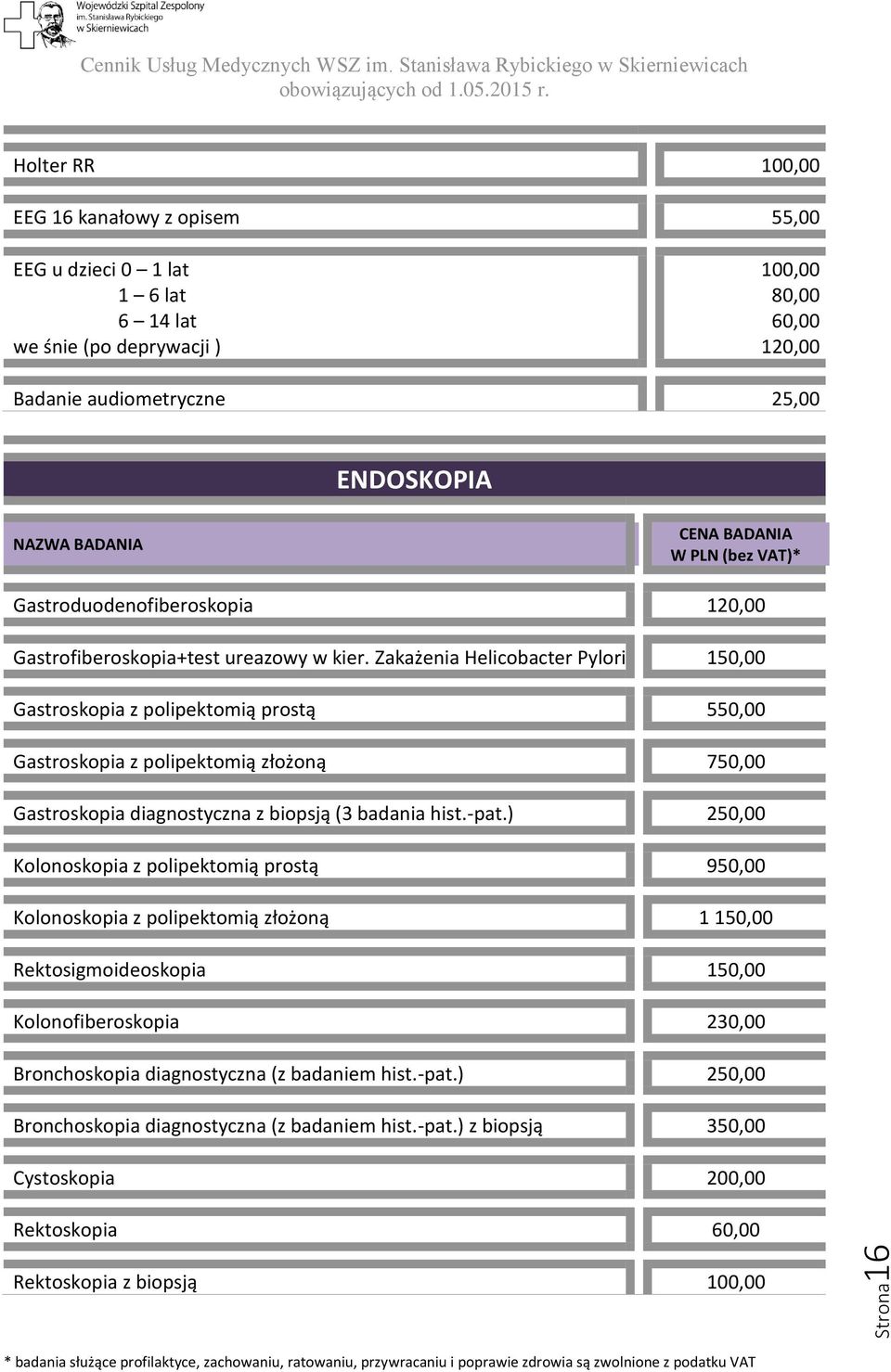 Zakażenia Helicobacter Pylori 150,00 Gastroskopia z polipektomią prostą 550,00 Gastroskopia z polipektomią złożoną 750,00 Gastroskopia diagnostyczna z biopsją (3 badania hist.-pat.