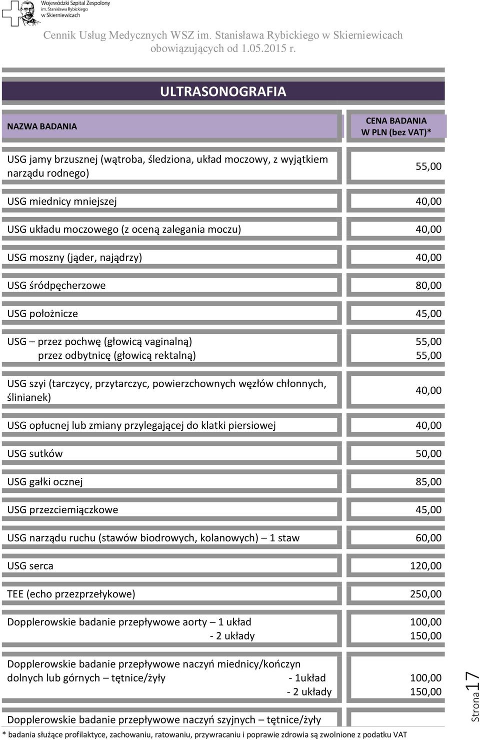 chłonnych, ślinianek) 55,00 55,00 40,00 USG opłucnej lub zmiany przylegającej do klatki piersiowej 40,00 USG sutków 50,00 USG gałki ocznej 85,00 USG przezciemiączkowe 45,00 USG narządu ruchu (stawów