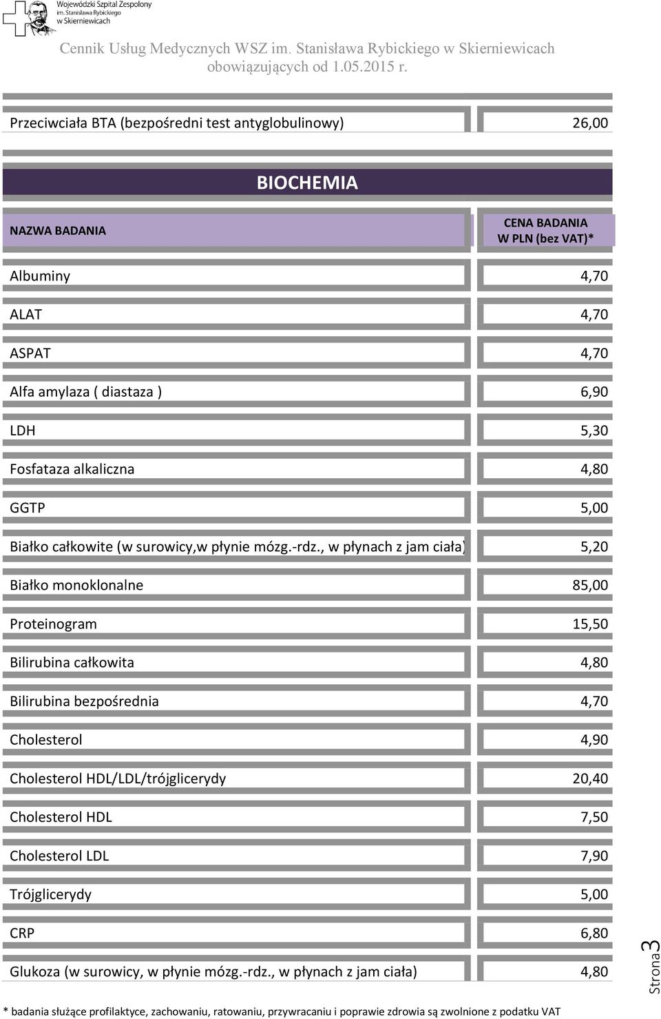 , w płynach z jam ciała) 5,20 Białko monoklonalne 85,00 Proteinogram 15,50 Bilirubina całkowita 4,80 Bilirubina bezpośrednia 4,70