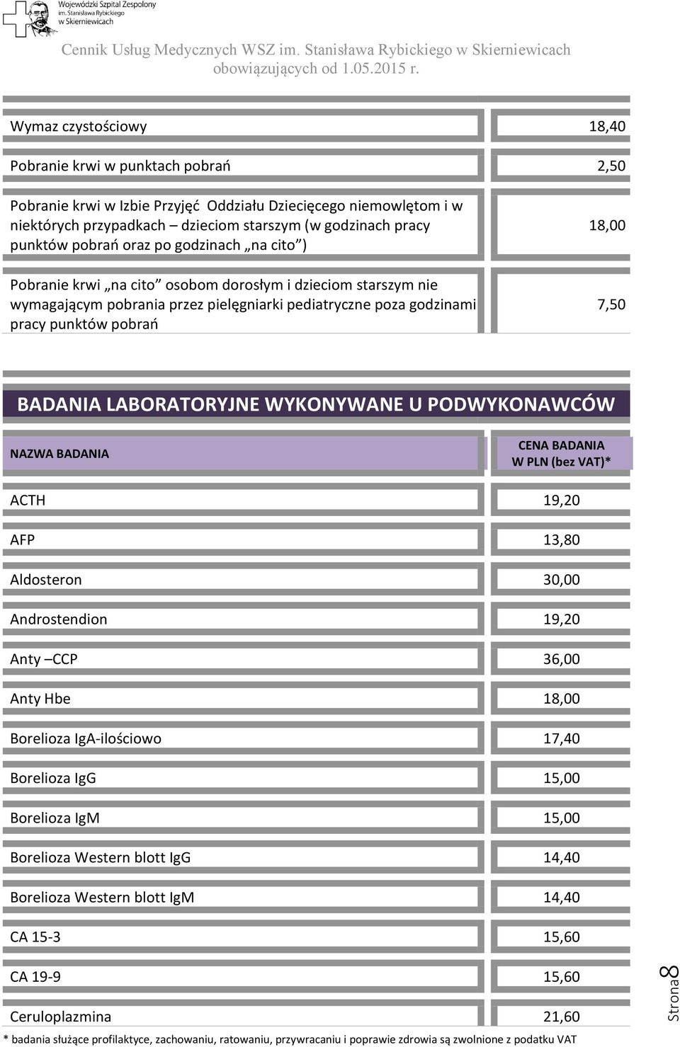 godzinami pracy punktów pobrań 18,00 7,50 BADANIA LABORATORYJNE WYKONYWANE U PODWYKONAWCÓW ACTH 19,20 AFP 13,80 Aldosteron 30,00 Androstendion 19,20 Anty CCP 36,00 Anty Hbe 18,00