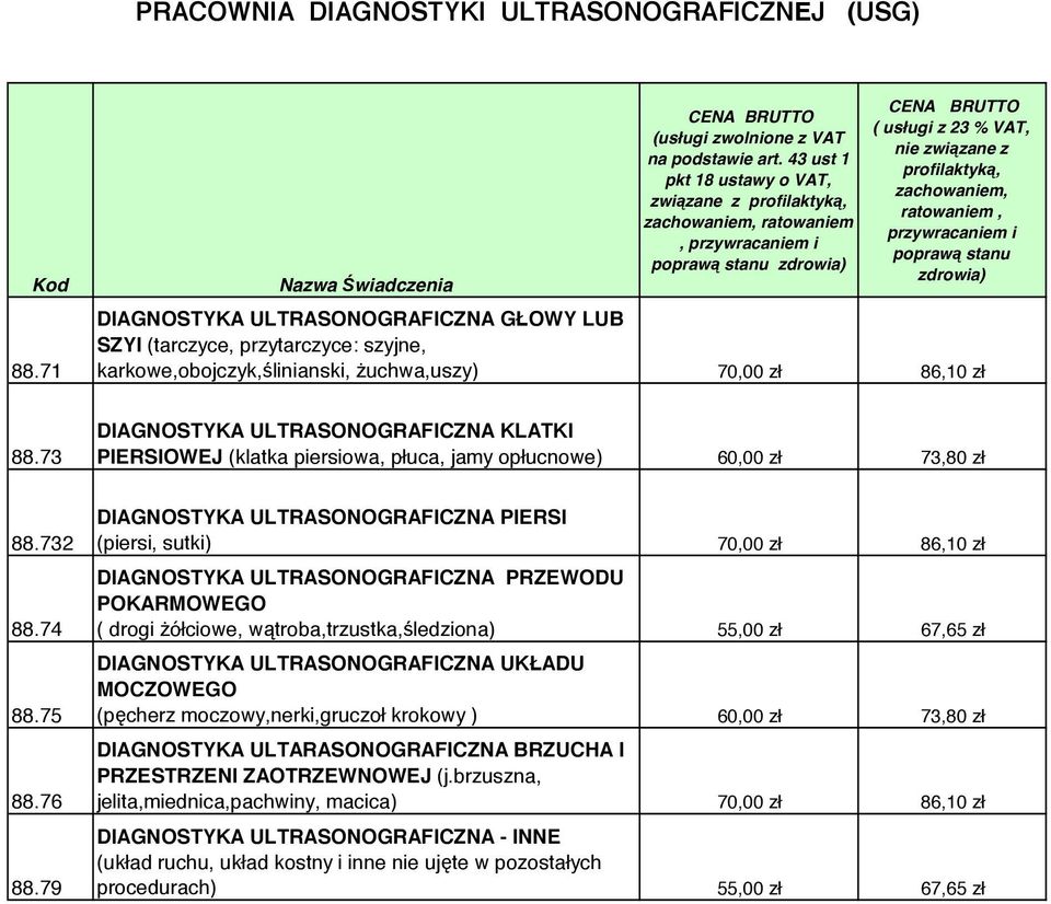 stanu zdrowia) DIAGNOSTYKA ULTRASONOGRAFICZNA GŁOWY LUB SZYI (tarczyce, przytarczyce: szyjne, karkowe,obojczyk,ślinianski, Ŝuchwa,uszy) 70,00 zł 86,10 zł 88.