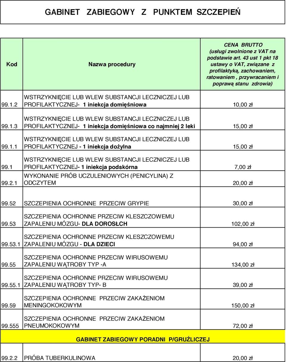 1 Nazwa procedury WSTRZYKNIĘCIE LUB WLEW SUBSTANCJI LECZNICZEJ LUB PROFILAKTYCZNEJ- 1 iniekcja domięśniowa WSTRZYKNIĘCIE LUB WLEW SUBSTANCJI LECZNICZEJ LUB PROFILAKTYCZNEJ- 1 iniekcja domięśniowa co